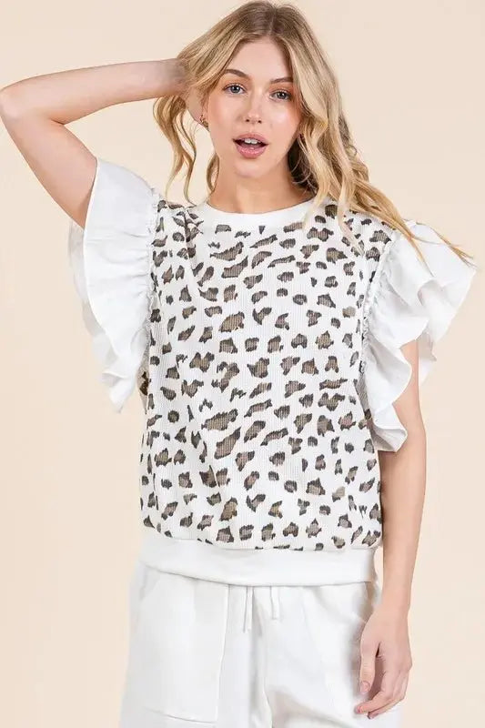 Lime 'N' Chili Ribbed Leopard Print Ruffle Detail Sleeveless Top - Love Salve